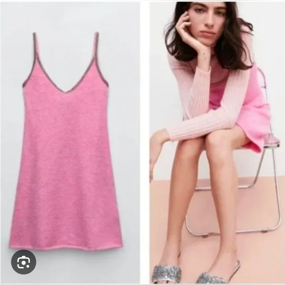 Zara Women’s Alpaca Wool Beaded Trim Strappy Barbie Pink Mini Dress M